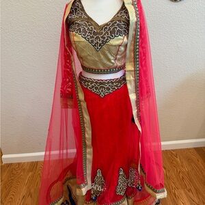Elegant coral Lehenga and Gold Women's Skirt and choli